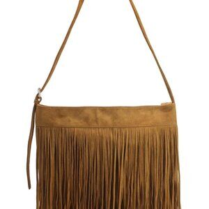 Women 15.75in Faux Suede Fringe Hobo Crossbody Bag Brown